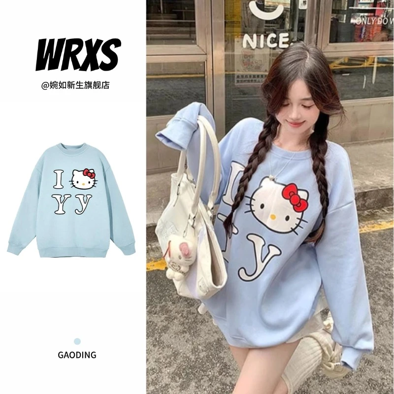 【婉如新生】2024新款天蓝色卡通印花小众圆领卫衣女时尚洋气上衣秋