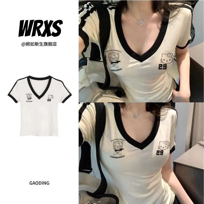 【婉如新生】美式热辣性感白色短袖V领正肩t恤女修身纯欲风短款上衣