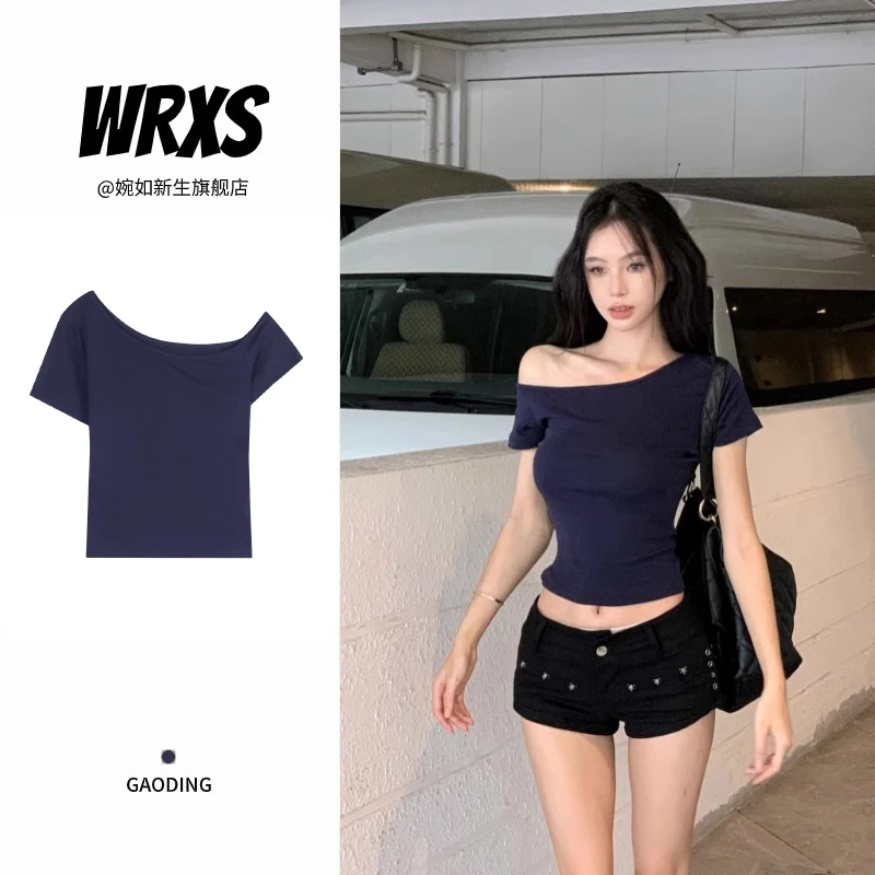 【婉如新生】深蓝色辣妹斜肩短袖修身T恤女夏季紧身短款露肩上衣
