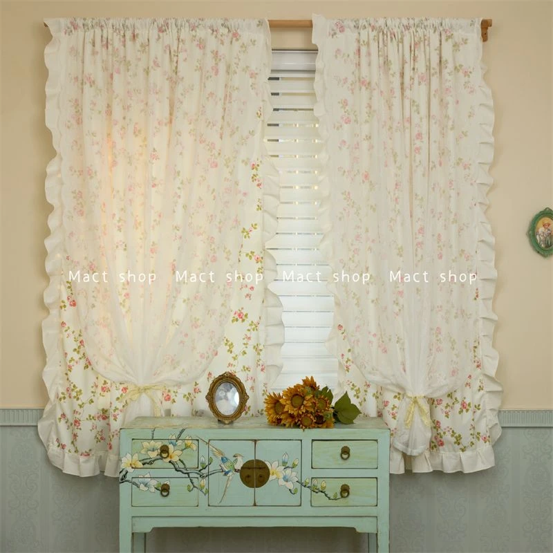 MACT双层美式田园乡村碎花窗帘短帘飘窗蕾丝门帘柜帘隔断帘子港风