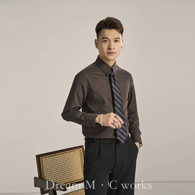 23203秋冬商务休闲衬衫吸汗透气丝滑垂坠感衬衣纯色免烫防褶皱男