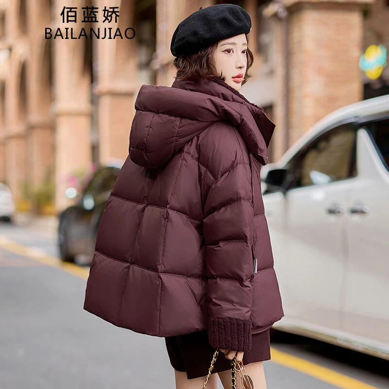 2024爆款超好看安哥拉红羽绒服女冬短款高级感毛线拼接白鸭绒外套