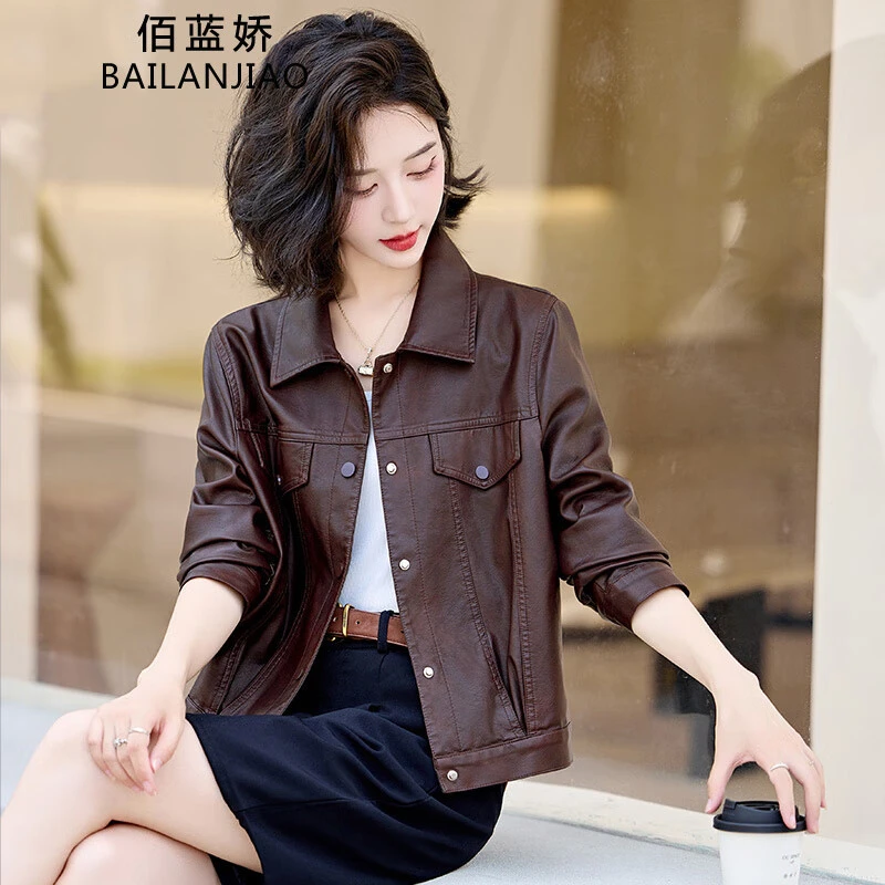 安可拉红皮衣外套女短款2024秋季新款高级感复古PU皮机车夹克上衣