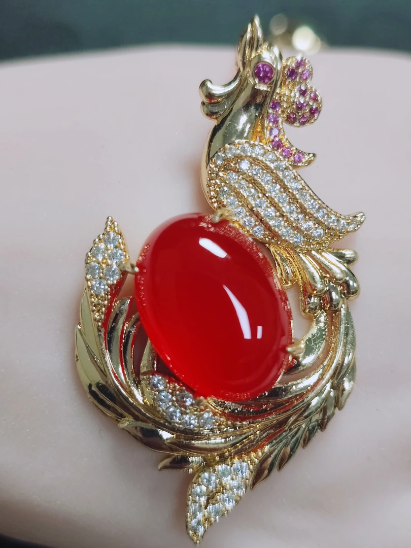 【浩玉珠宝】凤凰之心赤琼冰红天然玛瑙黄合金吊坠