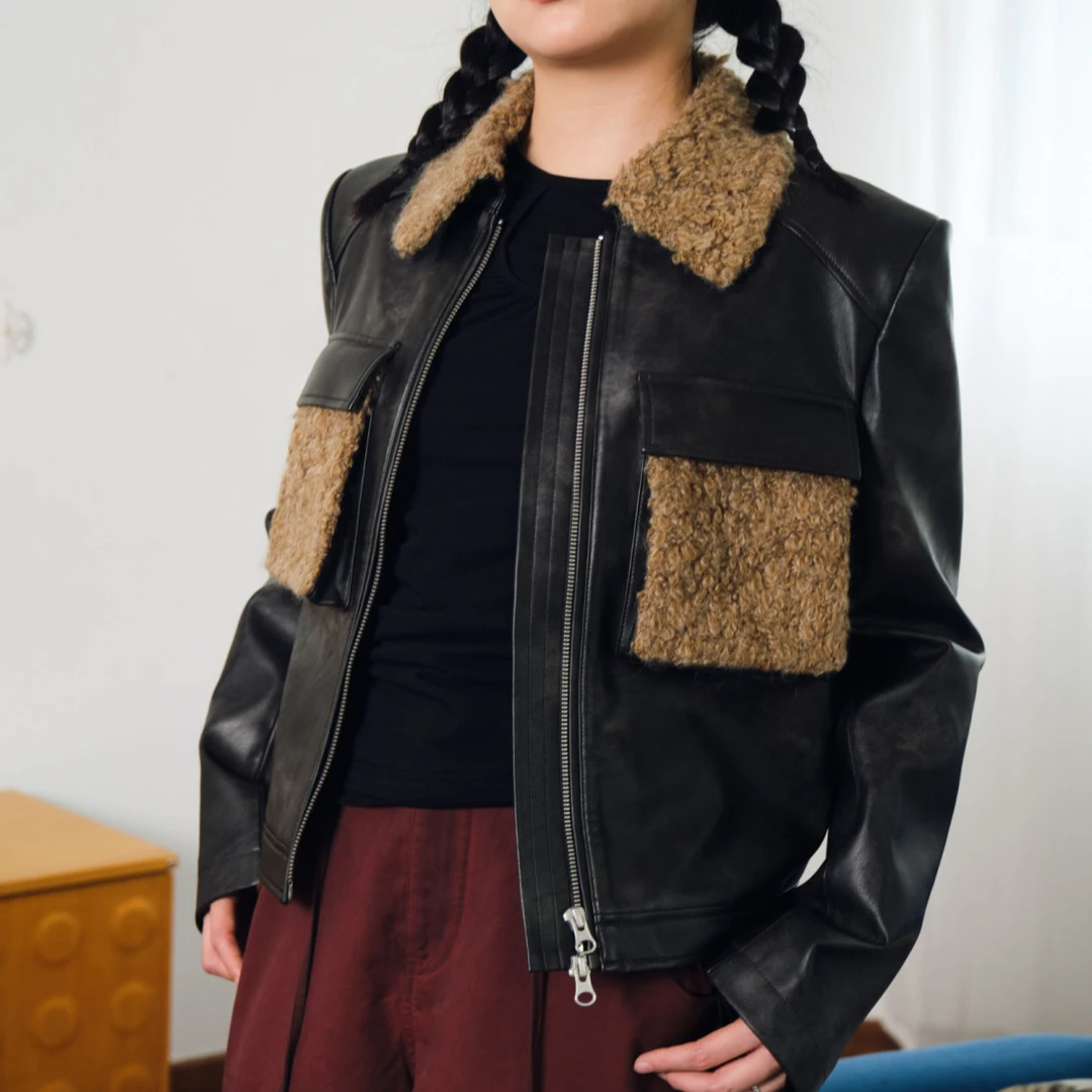 CELECT买手店 NOESE · 小众毛领拼接工装pU夹克