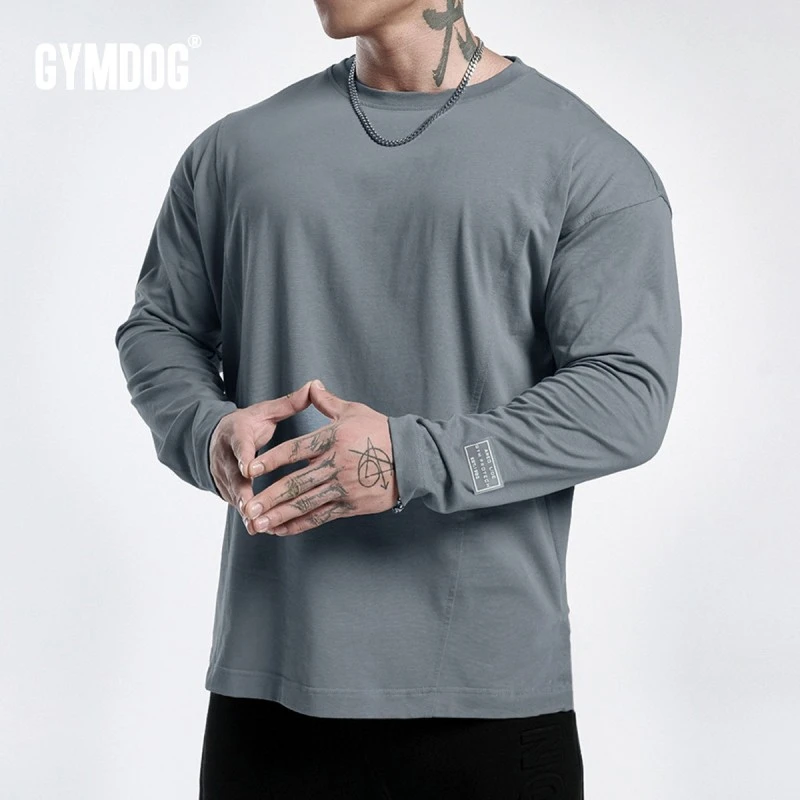 GYMDOG潮牌纯色拼接健身训练长袖男秋季休闲宽松打底运动T恤衣服