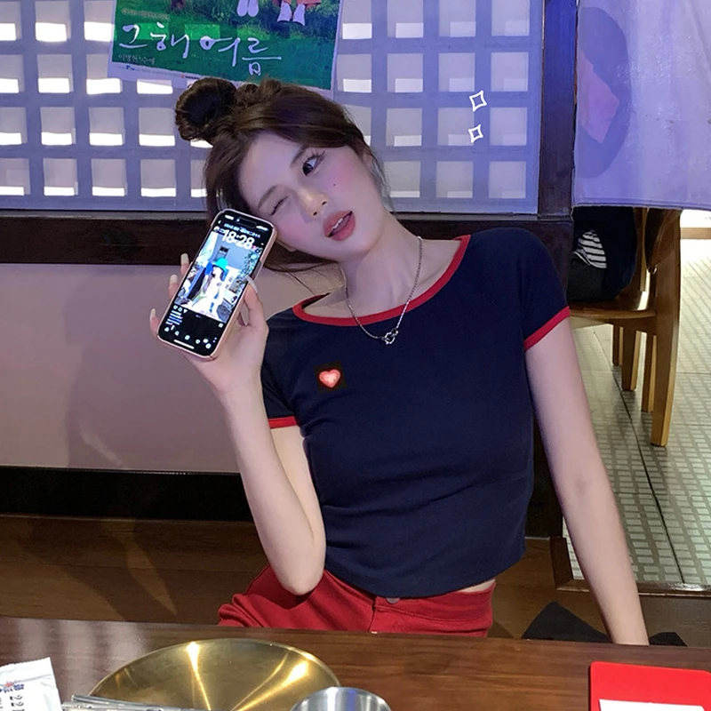 【现货】03195C 胖mm夏季新款短袖撞色圆领刺绣网红INS时尚显瘦T