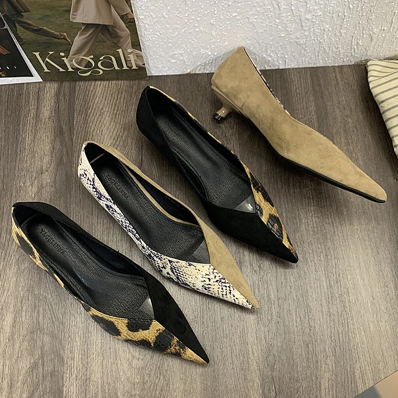 性感豹纹尖头猫跟单鞋气质拼色细跟女鞋新款百搭韩版浅口低跟鞋女