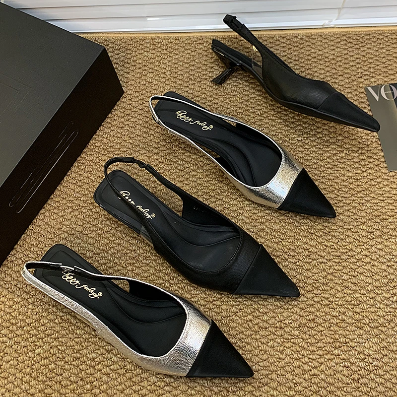 时尚拼色尖头单鞋显瘦百搭细跟女鞋新款小众气质韩版浅口低跟鞋女