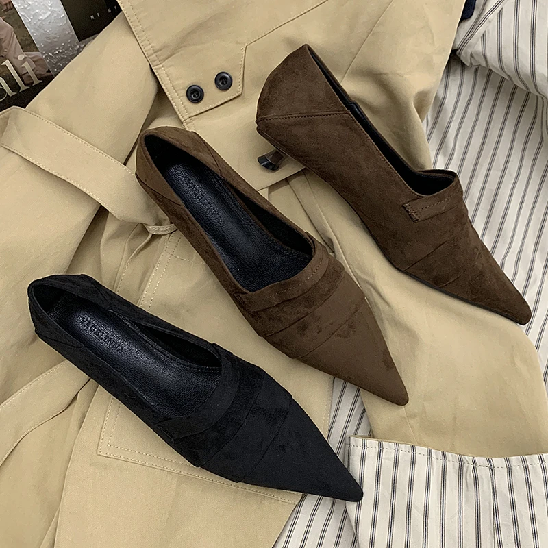 简约显瘦尖头单鞋舒适绒面细跟女鞋新款百搭韩版中口低跟鞋女上班