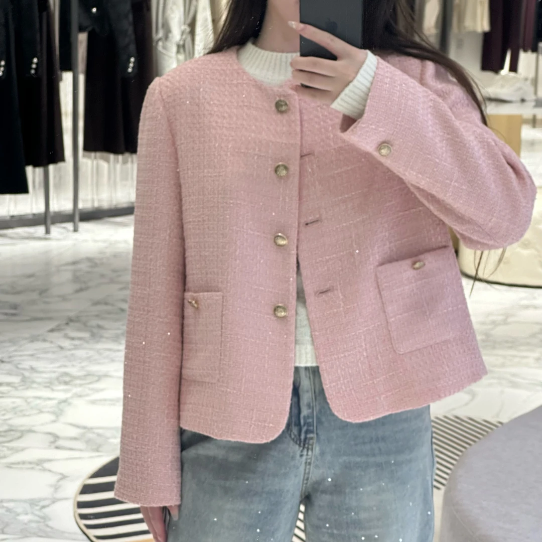 甜美少女粉小香风外套复古粗花呢短款上衣