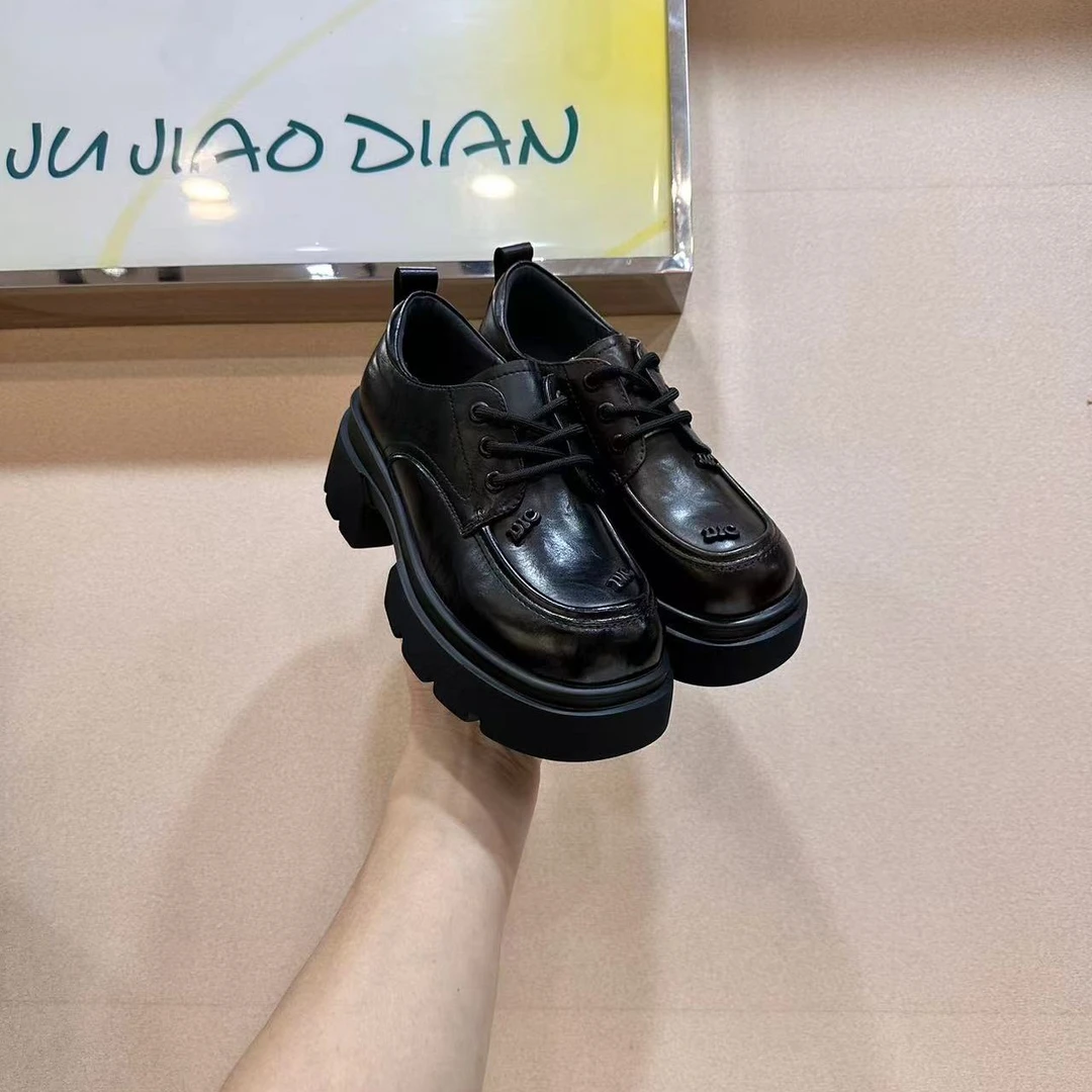 厚底粗跟英伦风乐福鞋女2024秋季新款系带圆头时尚舒适百搭小皮鞋