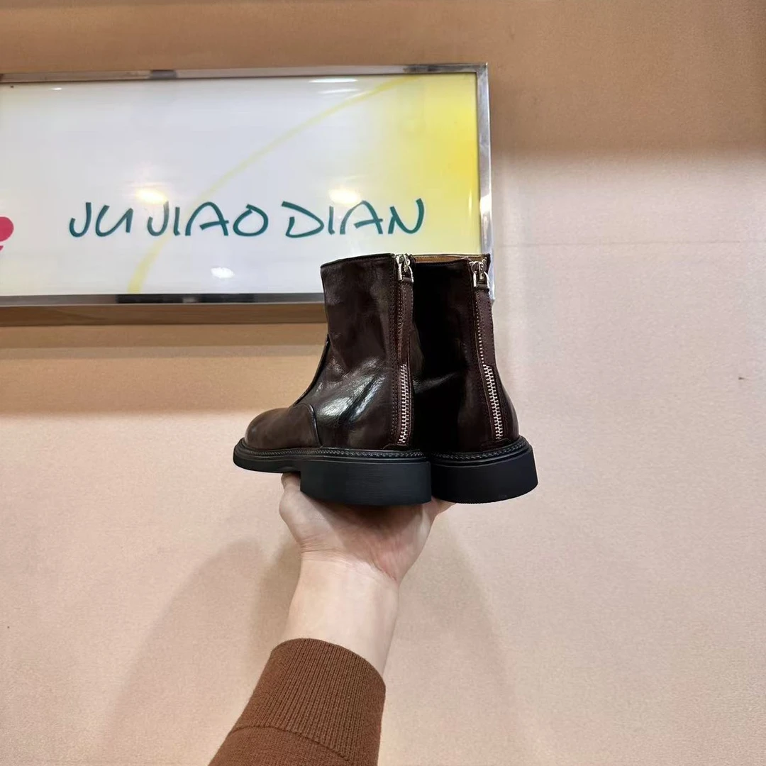 欧洲站真皮切尔西靴女2024秋冬新款英伦风圆头后拉链时尚小裸靴潮