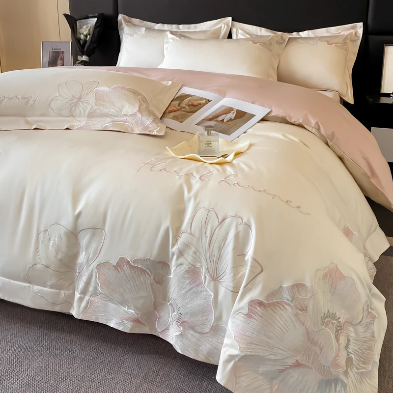 【花漾】 全棉贡缎长绒棉轻奢重工刺绣云朵触感柔软透气纯棉四件套