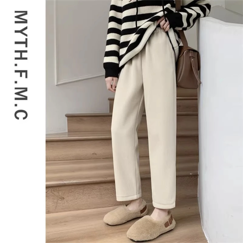 波西维拉雪尼尔阔腿奶奶裤女新款秋冬高腰大码直筒加绒灯芯绒裤子