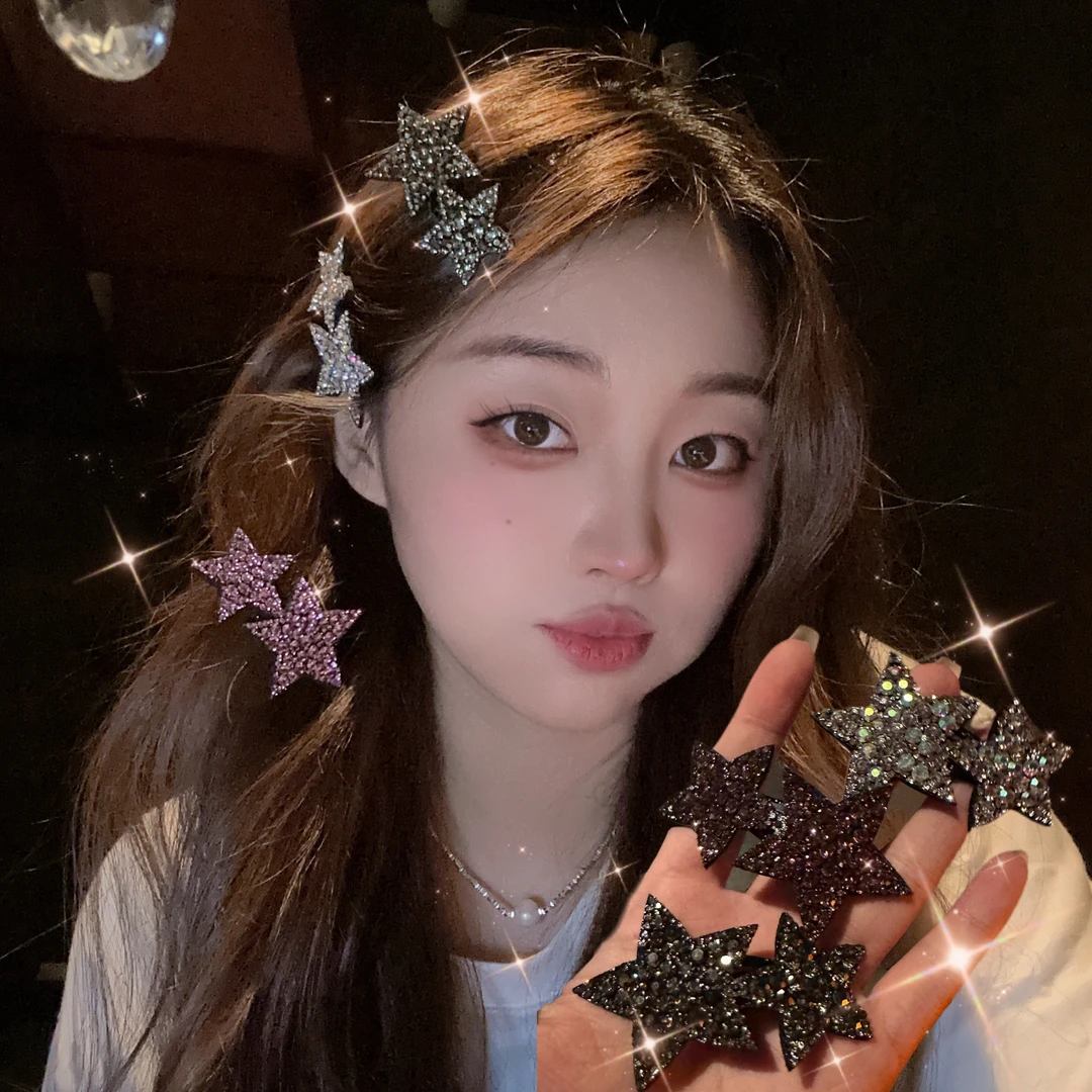 合金布艺发饰 y2k星星bb夹双星组合发夹闪钻甜美辣妹发夹边夹夏