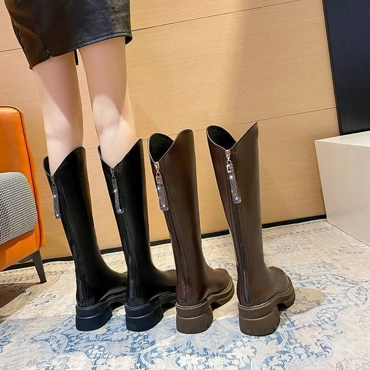 小个子长筒靴女2025秋冬新款骑士靴厚底V口英伦风显瘦长靴瘦瘦靴