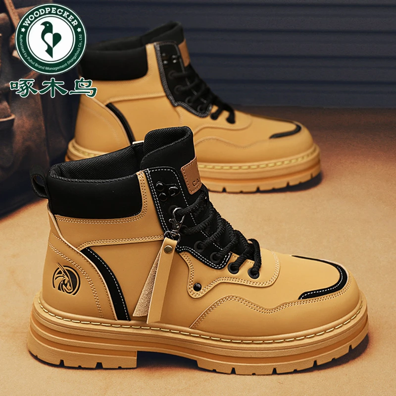 啄木鸟2025春季新款英伦风男式马丁靴男士厚底潮流百搭大黄靴高帮