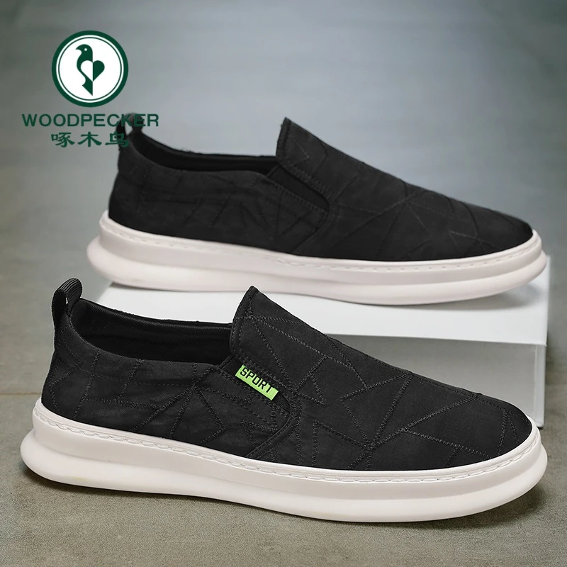 正品啄木鸟时尚帆布鞋男春季透气休闲板鞋工作一脚蹬懒人防臭布鞋