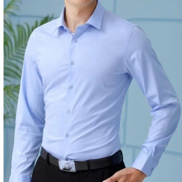 秋季新款竹纤维男士轻薄商务修身长袖职业纯色衬衫蓝色黑色衬衣