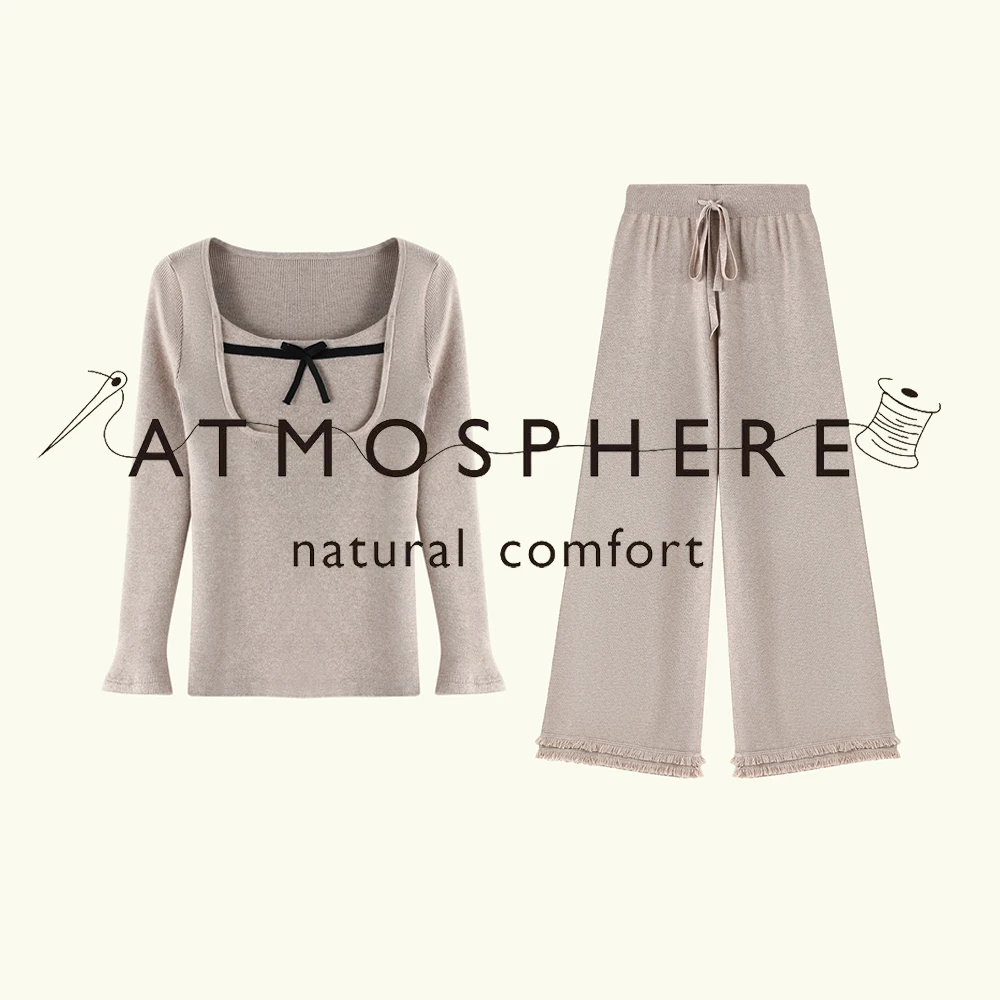 【坨坨版】花驼色针织内搭套装  U领蝴蝶结上衣 重工流苏针织长裤