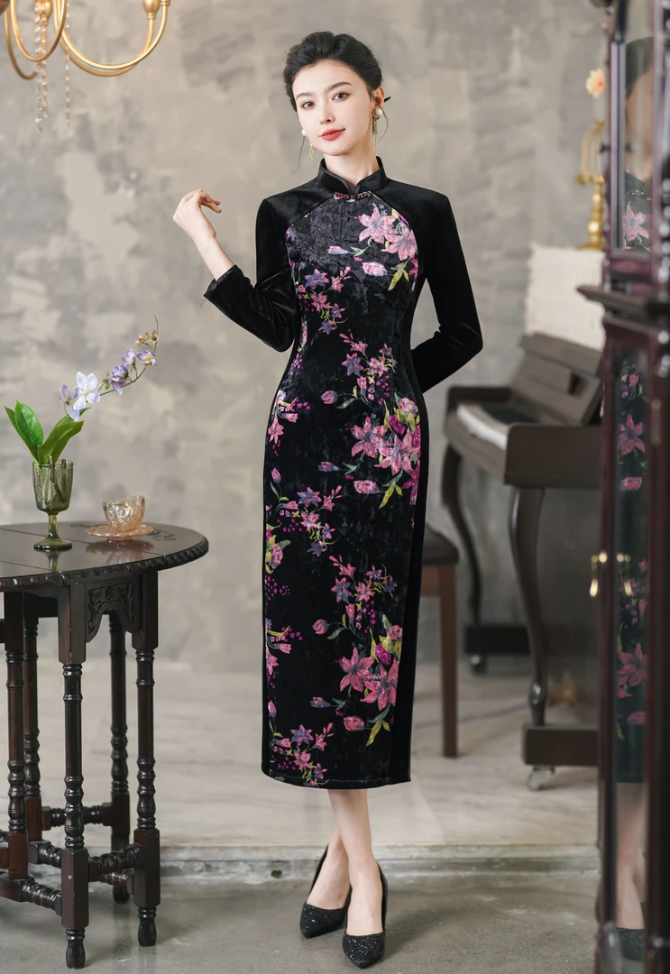（水花仙）中国风旗袍秋冬款黑色拼接提花长款长袖新中式改良老上海