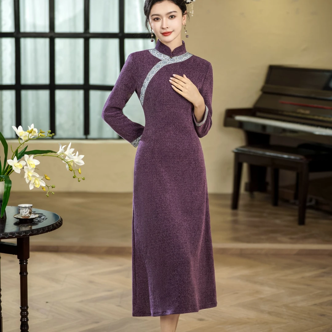 （紫罗绿影）民族风旗袍秋冬款改良长款长袖女款斜襟加厚款修身优雅