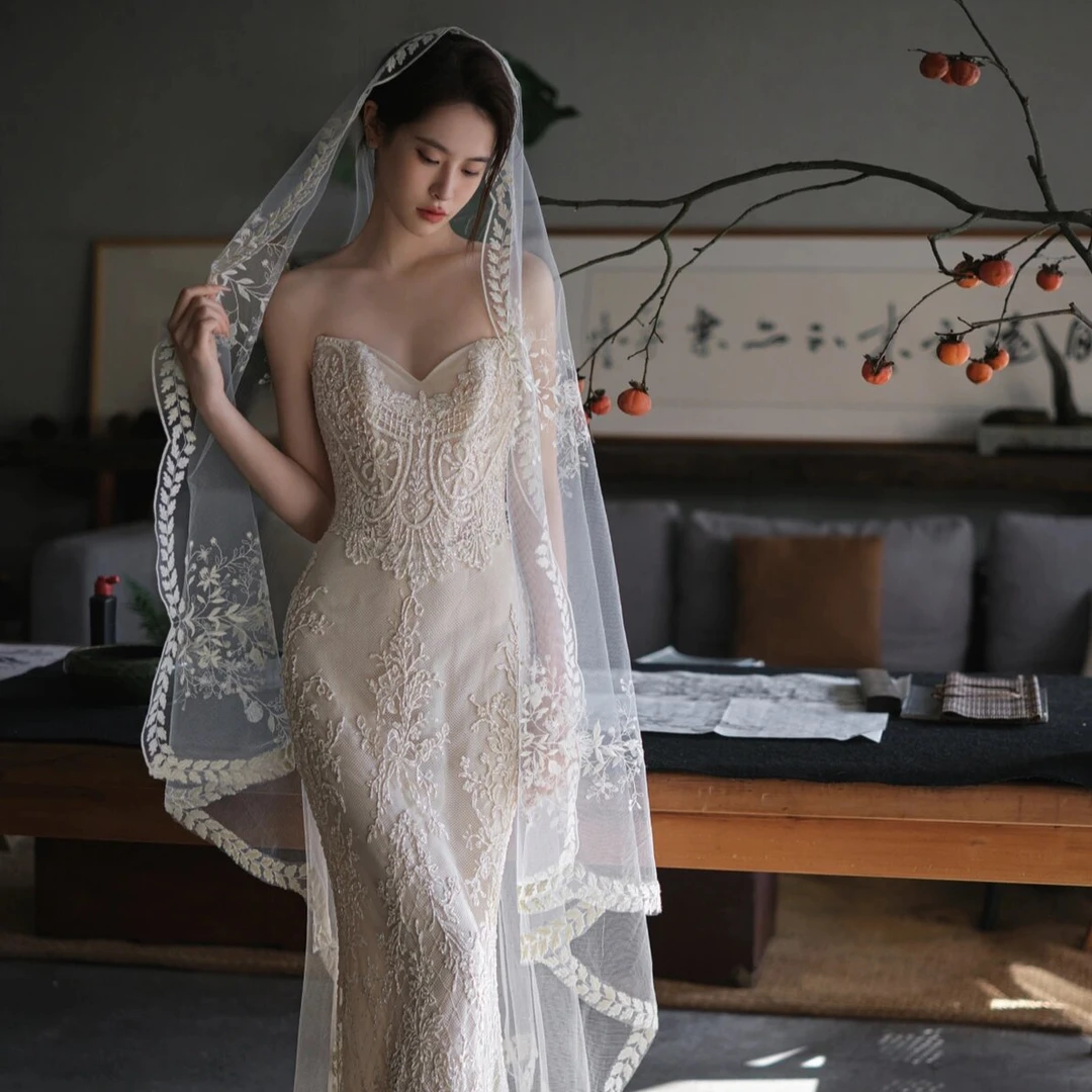 麦穗刺绣头纱复古蕾丝长款结婚头饰余爱同款超仙婚纱摄影新娘头纱