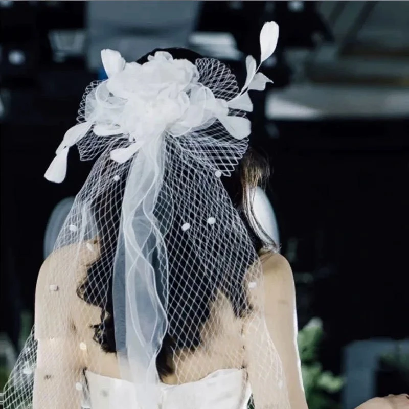 新款花朵网纱头纱手作绢纱烫花羽毛发夹新娘头饰婚纱礼服森系头纱