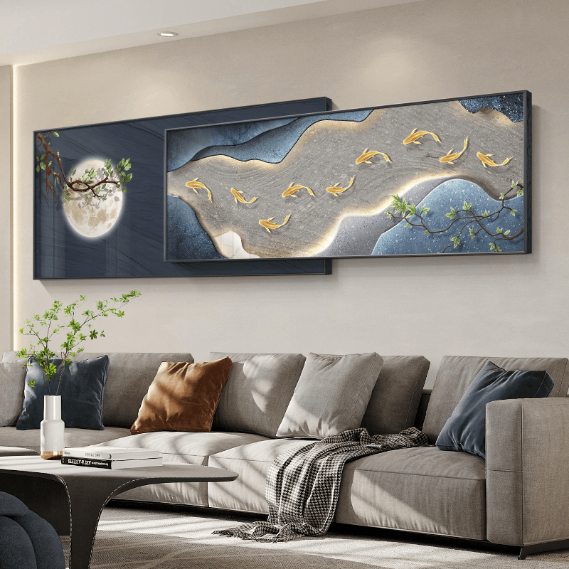 高级感沙发背景墙装饰画客厅九鱼图挂画现代轻奢高档叠加寓意壁画