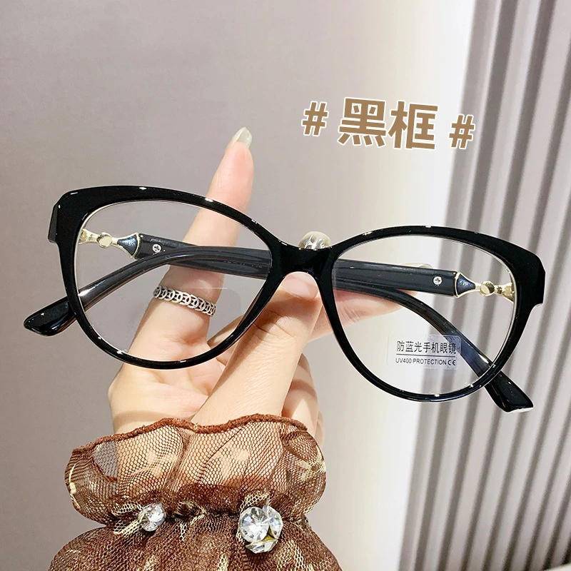 兢克感光变色防蓝光无度数女近视镜网红素颜显瘦猫眼近视眼镜6019