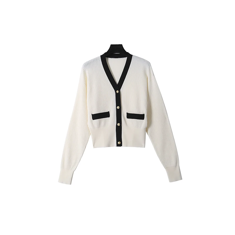 莱赛尔气质显瘦V领女针织开衫长袖黑白撞色秋季开衫外套16693