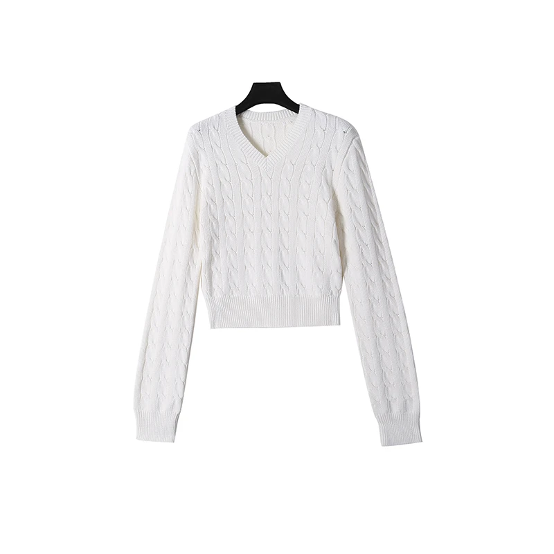 时尚套头V领纯粉立体麻花螺纹长袖针织打底内搭上衣16859