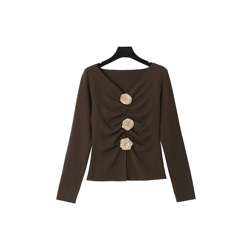 V领皱褶莱赛尔花朵针织衫16913