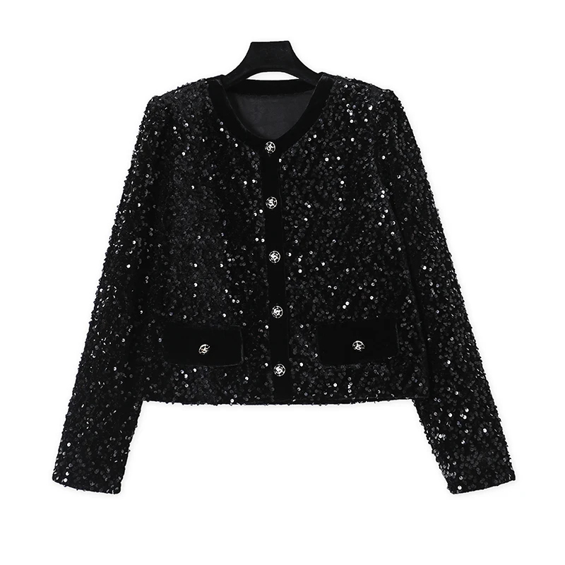 法式气质时尚长袖小香风上衣女外套重工亮片外套15182