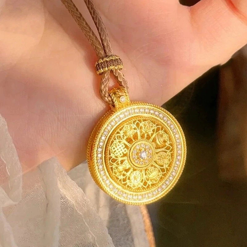 黄铜吊坠 复古金色吉祥八宝罗盘项链如意绳时来运可转动镶锆吊坠