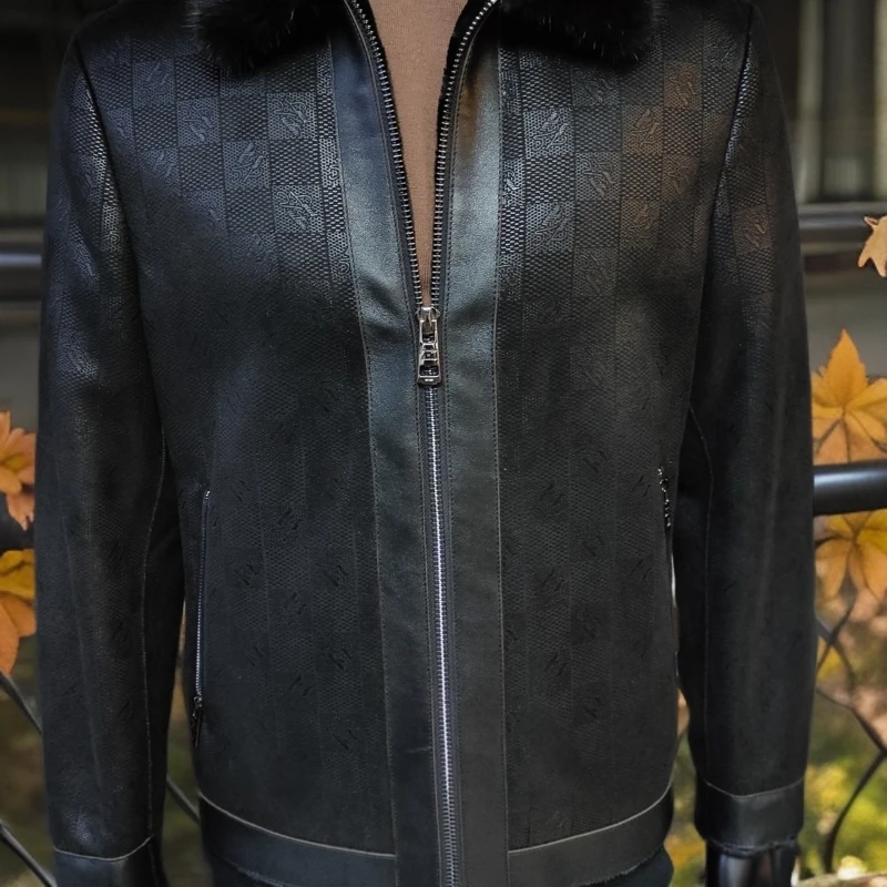 高端男装皮毛一体商务时尚休闲秋冬黑色男士保暖加绒短款