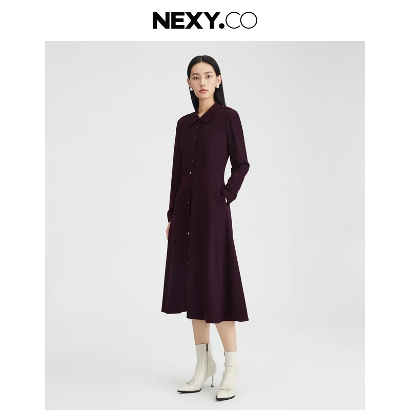 NEXY.CO/奈蔻连衣裙气质长袖时尚休闲收腰中长款秋冬XF05891T8