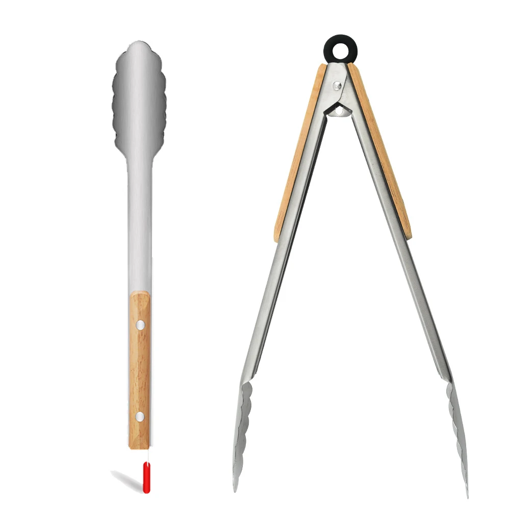 不锈钢木柄食物夹户外BBQ烧烤夹面包食品夹牛排烤肉自助餐沙拉夹