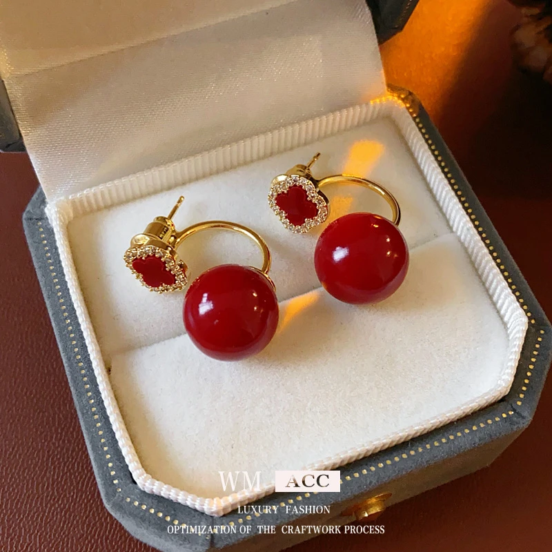 铜合金耳饰 【925银针】2024新款一款两戴红色四叶草珠珠耳钉气质