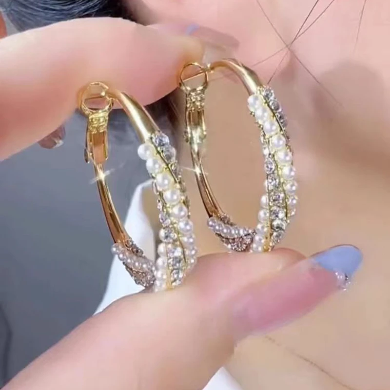 铜合金耳饰 【925银针】轻奢气质镶钻珍珠大耳圈耳环时尚百搭小众