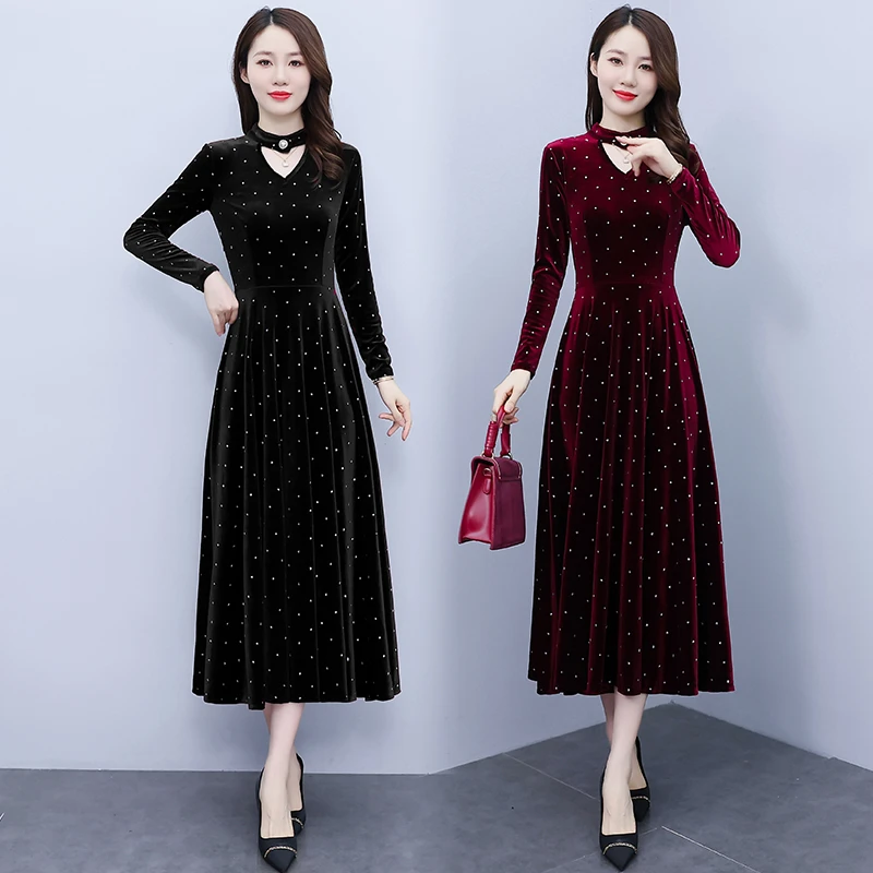 3248春秋过膝连衣裙2025新款中年气质高贵金丝绒长款长袖洋气裙子