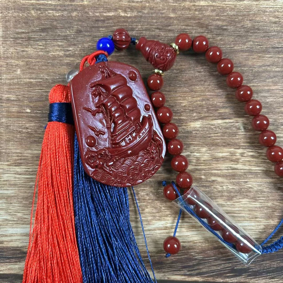 含辰砂工艺品精工手编车挂搭配雕刻一帆风顺车挂件