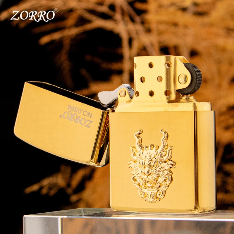 ZORRO新款IP金贴章龙头打火机高档金色经典龙年款纪念礼纯铜