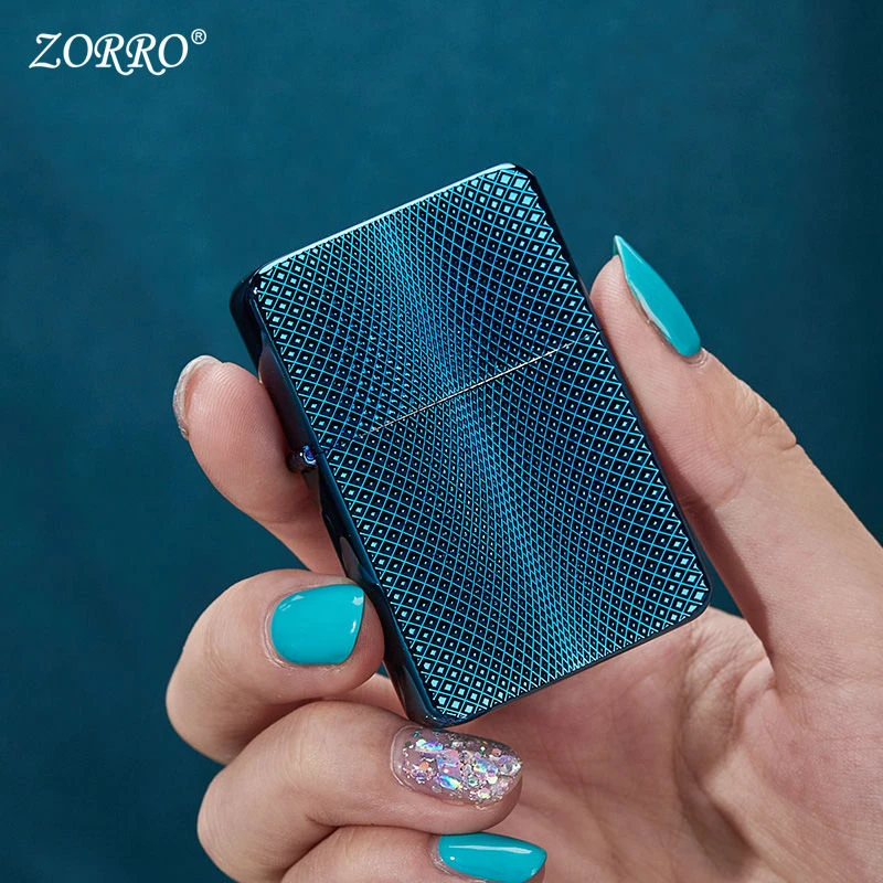 ZORRO佐罗新款煤油打火机黄铜劈花蓝冰个性创意防风送男友礼物