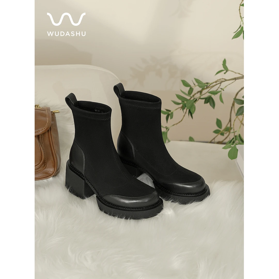 吴大叔2024年秋冬新款时尚百搭粗跟英伦风弹力瘦瘦靴10-603