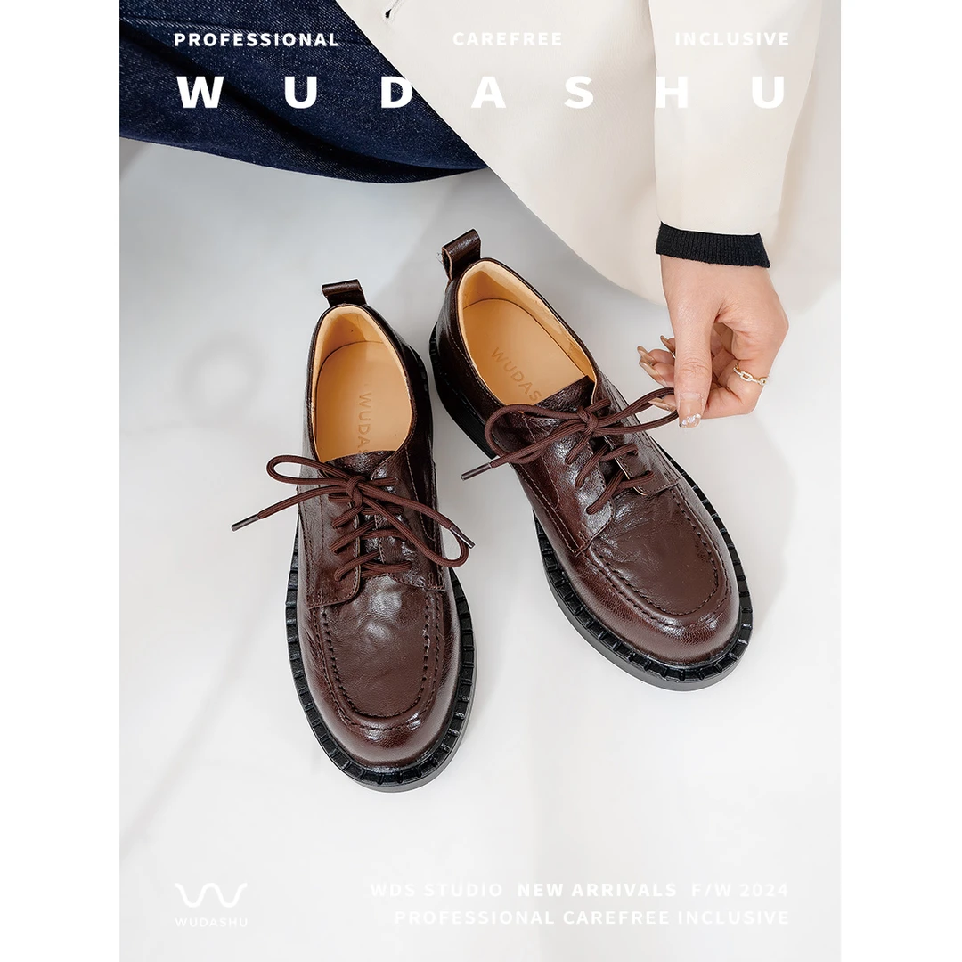 吴大叔2024年春夏新款时尚休闲真皮百搭厚底圆头系带女鞋