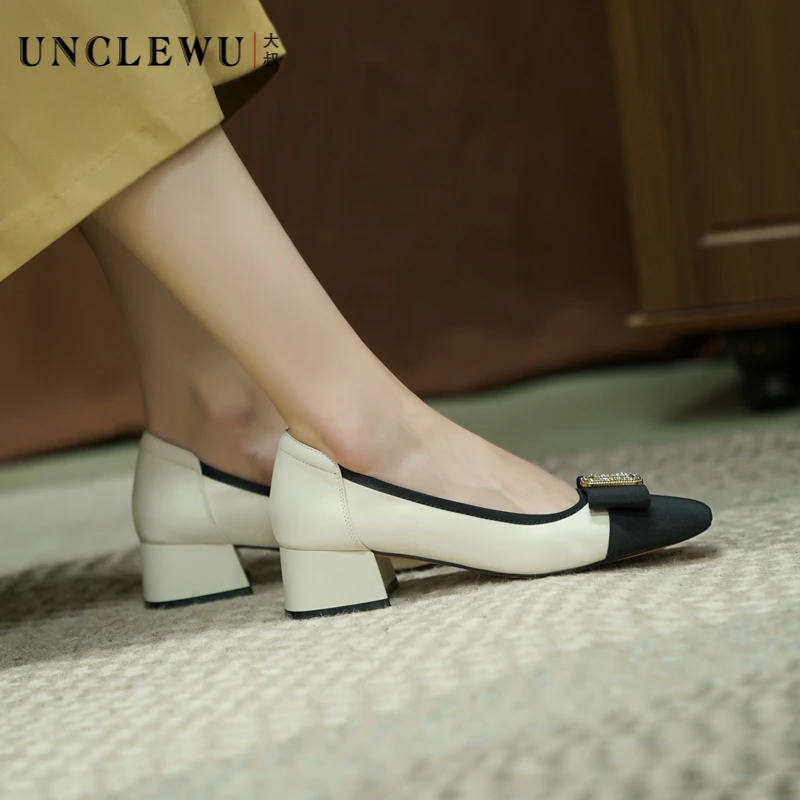 吴大叔春季白色方头单鞋小香风粗跟水钻女鞋舒适不累脚浅口低跟鞋