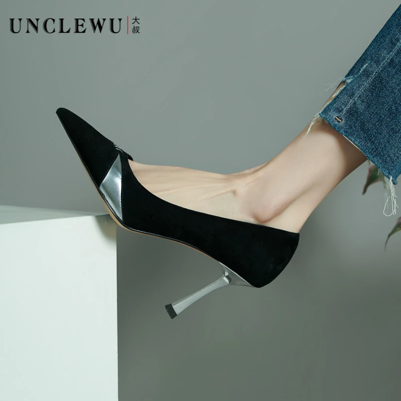 吴大叔春季新款黑色单鞋尖头细跟职业高跟鞋小众气质撞色浅口女鞋