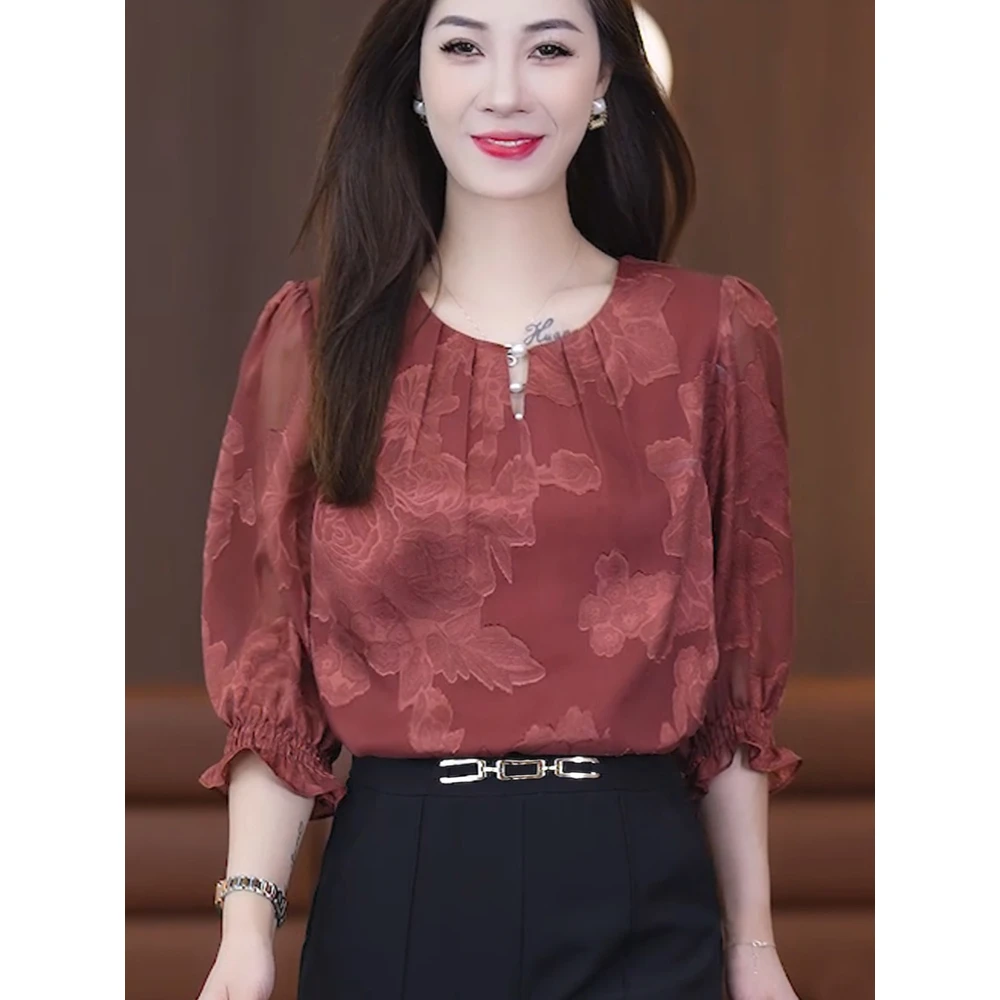 时尚七分袖衬衫女2025夏季新款洋气宽松显瘦减龄小众气质衬衣上衣